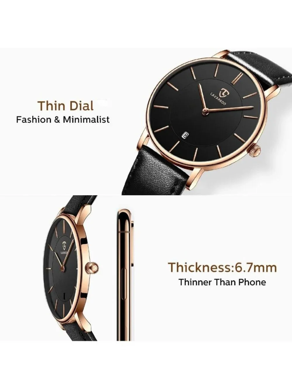 Men's All Black Leather Strap Analog Minimalist Fashion Simple Round Wrist Watch